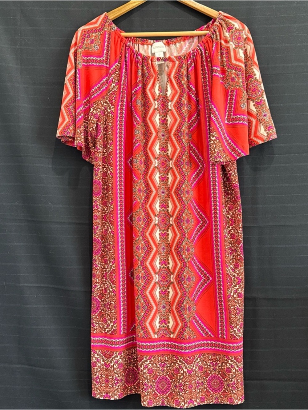 Chicos pink orange patterned short drape sleeve keyhole neck dress 2 L